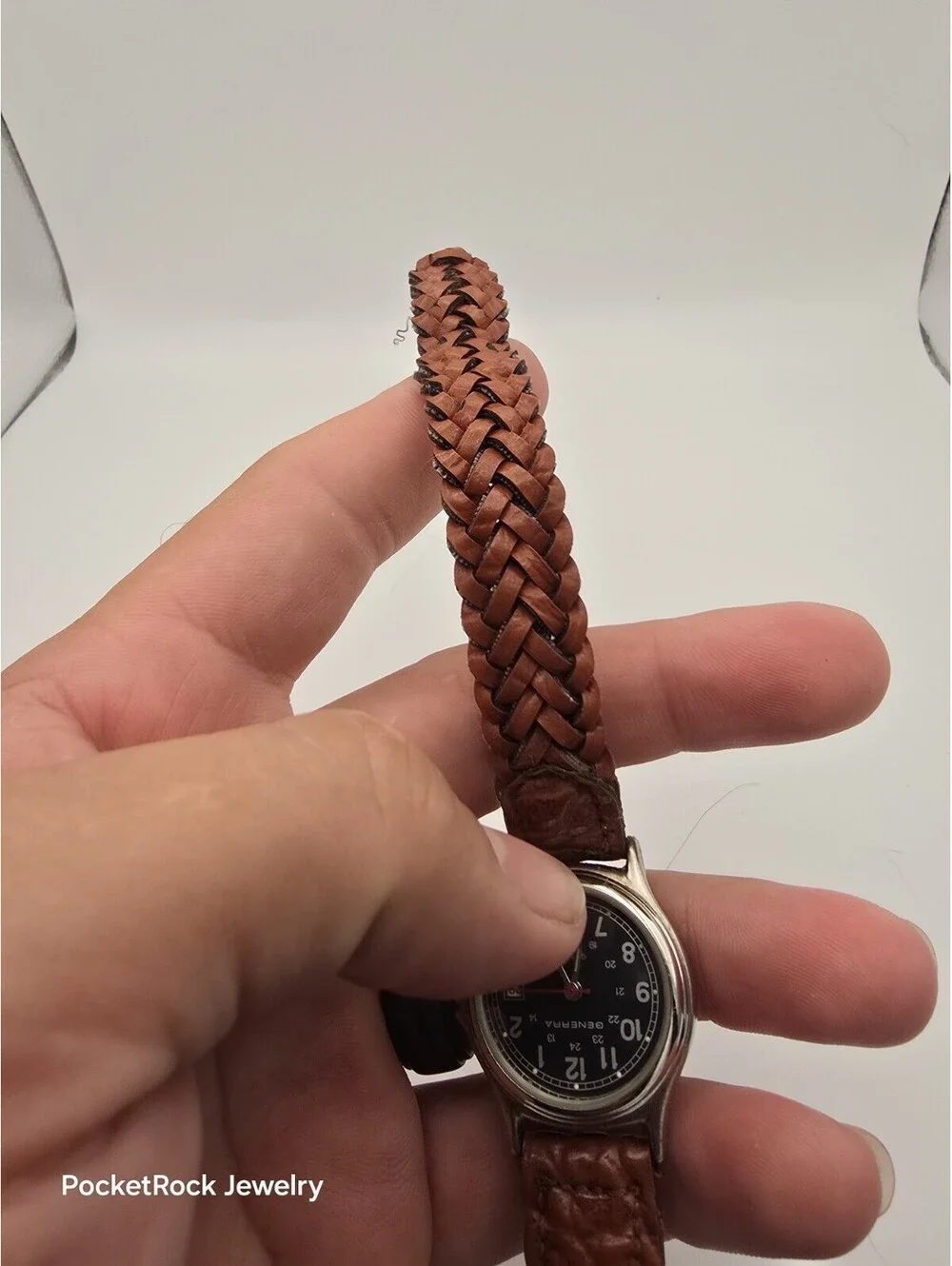 Generra Military Field Style Black Dial Date Braided Brown Leather Quartz Watch